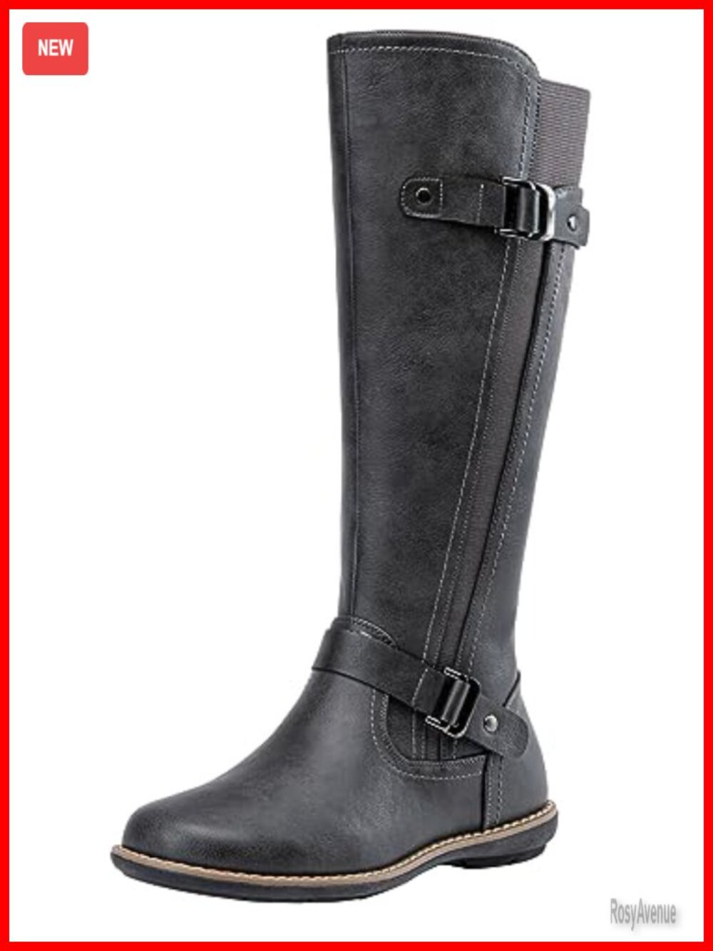 Knee High Riding Boots Faux Leather Flat Buckle Side Zip